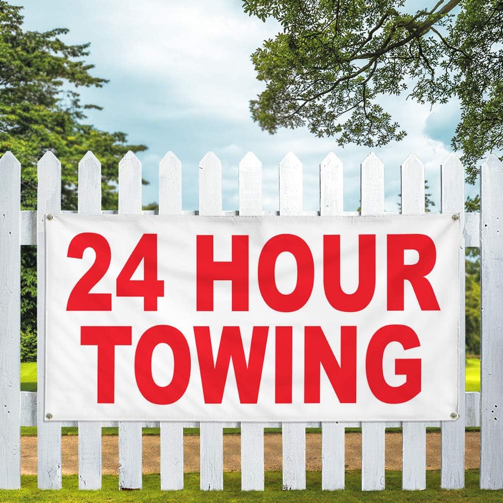 Vinyl Banner Multiple Sizes 24 Hours Towing Red Auto Car Repair Shop Automotive Outdoor Weatherproof Industrial Yard Signs 4 Grommets 16x40Inches