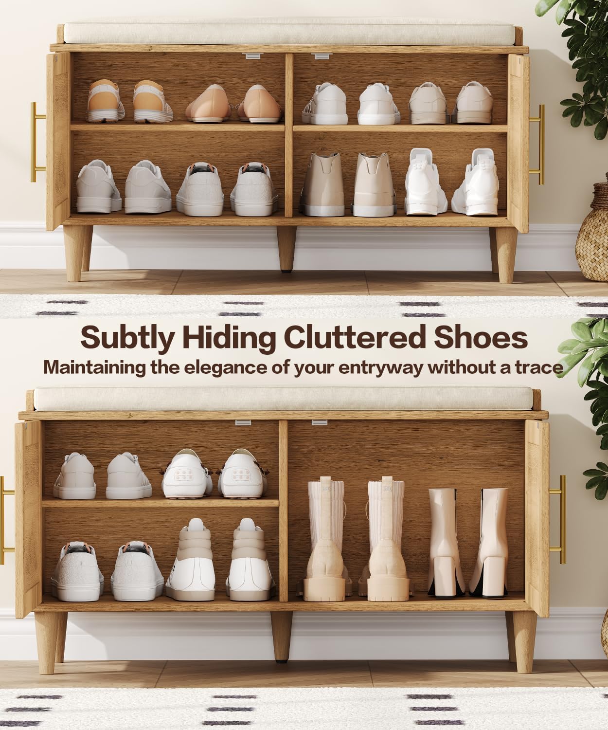 Rattan Shoe Storage Bench with Cushion, 2-Tier Entryway Bench with Adjustable Shelves and 2 Doors, 15" D x 39.4" W x 20" H, Solid Wood Legs, for Hallway, Living Room, Bedroom, Natural Oak