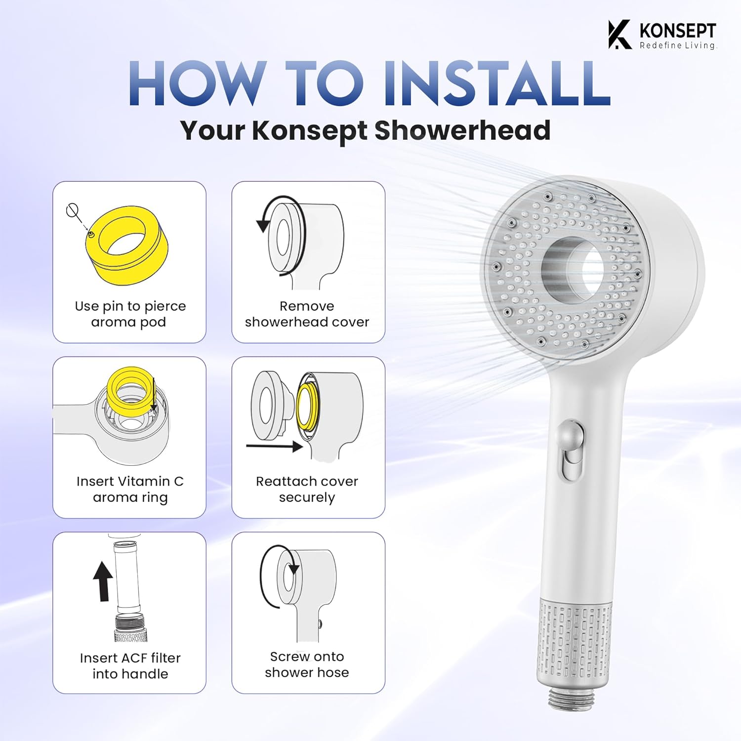 KONSEPT Shower Head with Filters & Vitamin C Lemon Pods | Handheld Shower Head with 2-Spray mode | Shower Head High Pressure | Removes Chlorine, Improve Skin and Hair Texture (White)