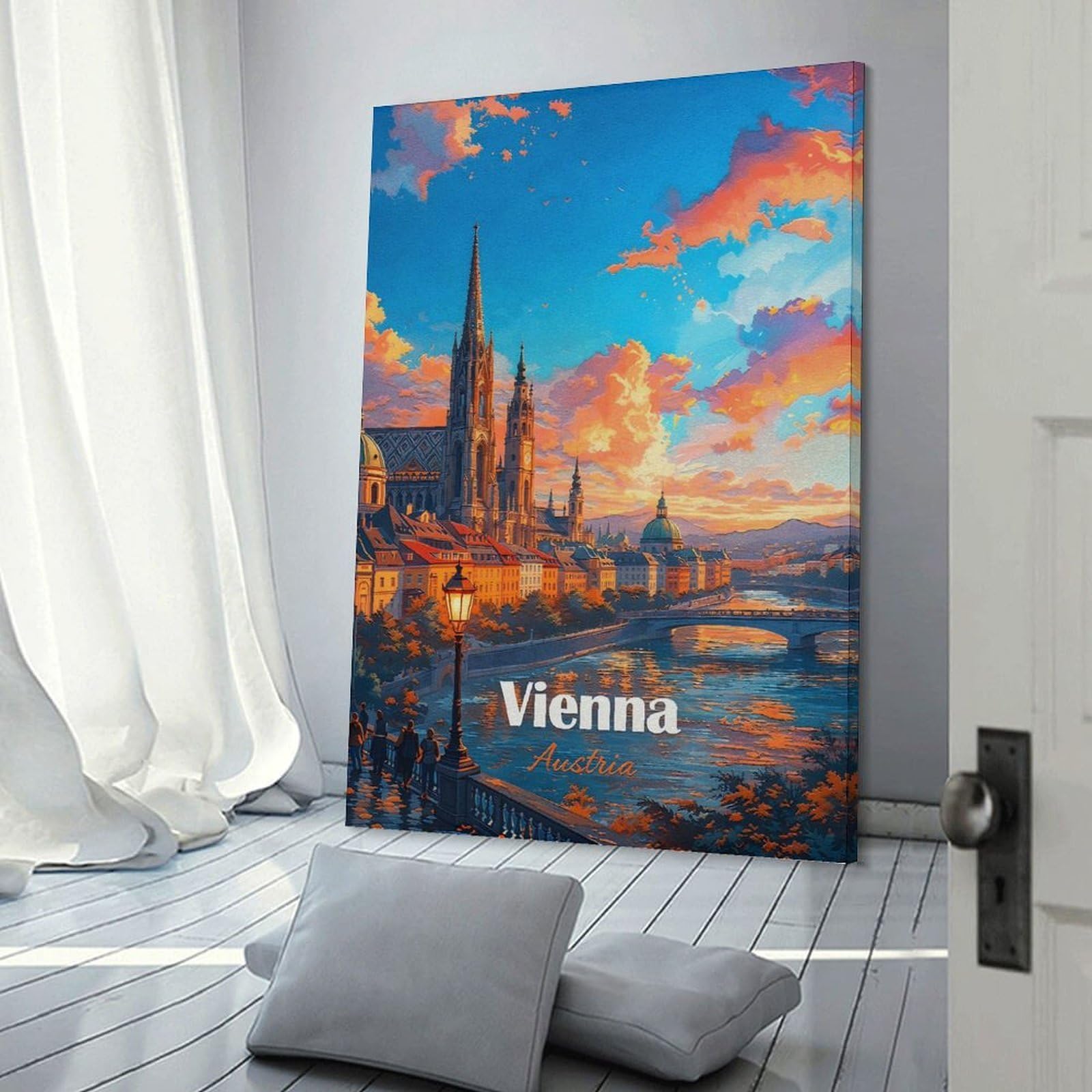 Junmoney Frame-Style-4-1 Hanging Wall Art Vienna Cityscape At Sunset, 08X12inch(20X30cm), For Gallery Wall Layouts In Home Or Office, An Easy Match For Collected Prints