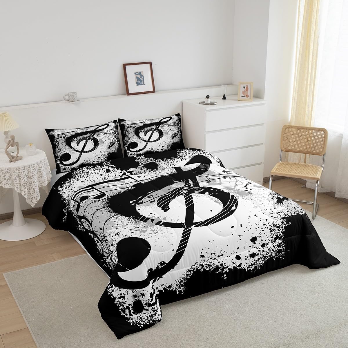 Feelyou Music Notes Comforter Set Rock Music Themed Comforter Musical Bedding Set for Kids Adults Grunge Design Duvet Set Soft Black White Room Decor Queen Size Quilt Boys