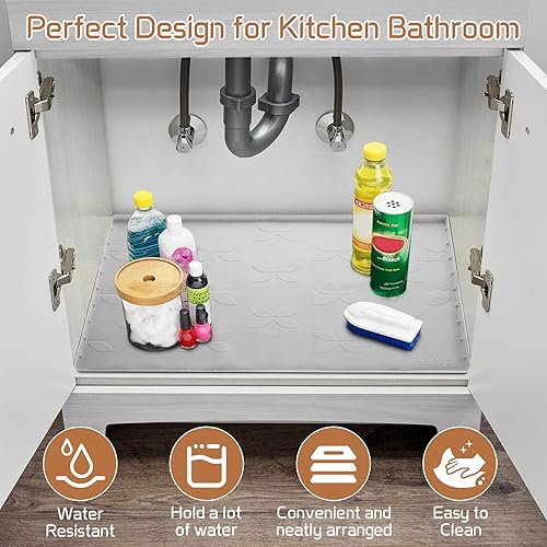 Miniatura 7 de Tapete para debajo del fregadero, para debajo del fregadero, impermeable, 34 x 22 pulgadas, tapete de silicona para debajo del fregadero de la