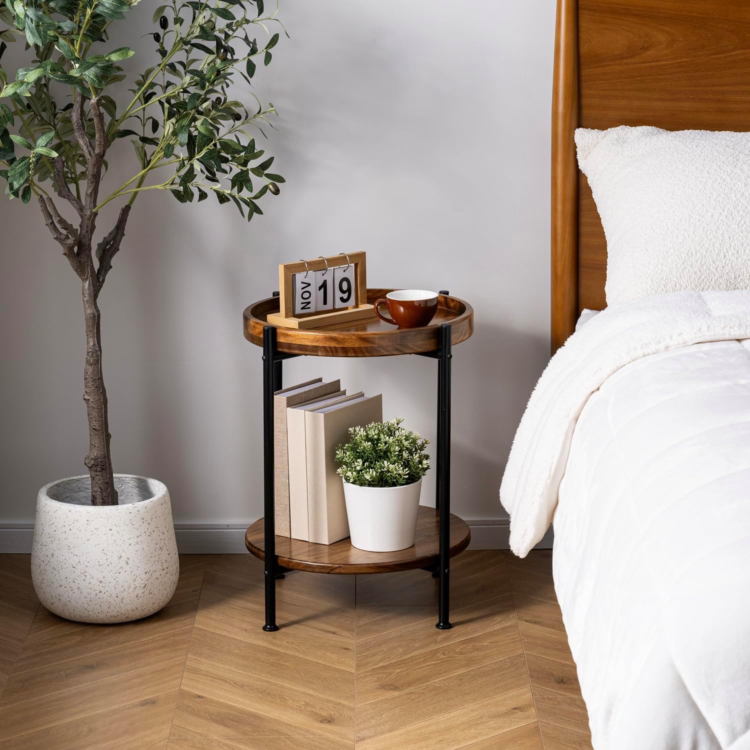 MyGift 2 Tier Round End Table with Premium Acacia Solid Wood Shelf and Black Metal Frame, 22 Inch Tall Side Table Modern Home Living Room or Bedroom Furniture