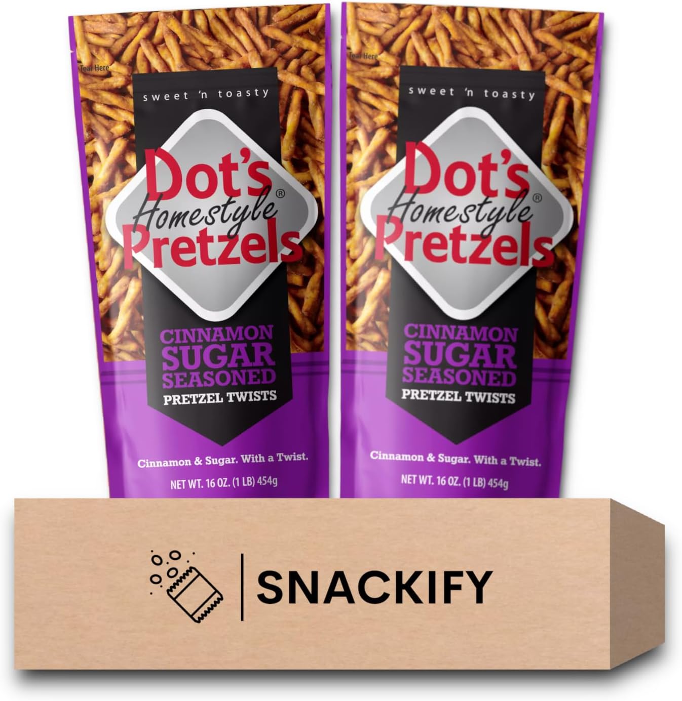 Dot's Pretzels Cinnamon Sugar Pretzel Twists | 2, 16 oz Bags | Bundled by SNACKIFY