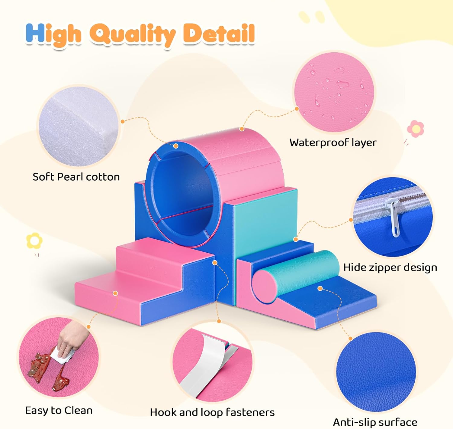 Lischwert Foam Climbing Blocks for Toddlers 1-3, 5pcs Soft Play Set with Tunnel Crawling Exploration Toys - Indoor Infant Safe Blocks for Baby Gym & Toddler Playground (Pink Blue)