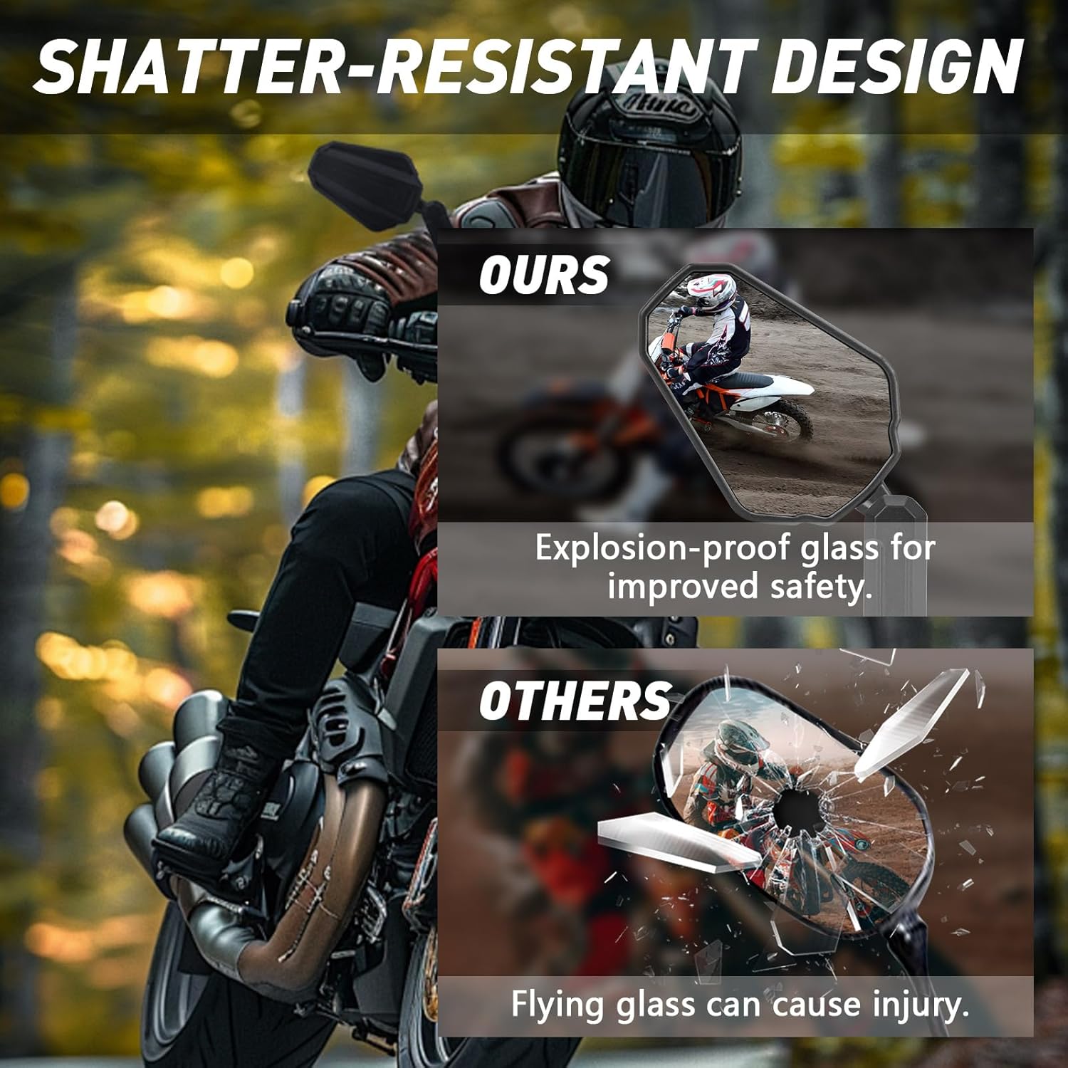 Motorcycle Mirrors, ATV Rear View Mirror With Adjustable Ram mount, No Vibration & Wobble, Dirt Bike Mirrors for handlebars Compatible with Scooter Ebike Moped, 2 Pack