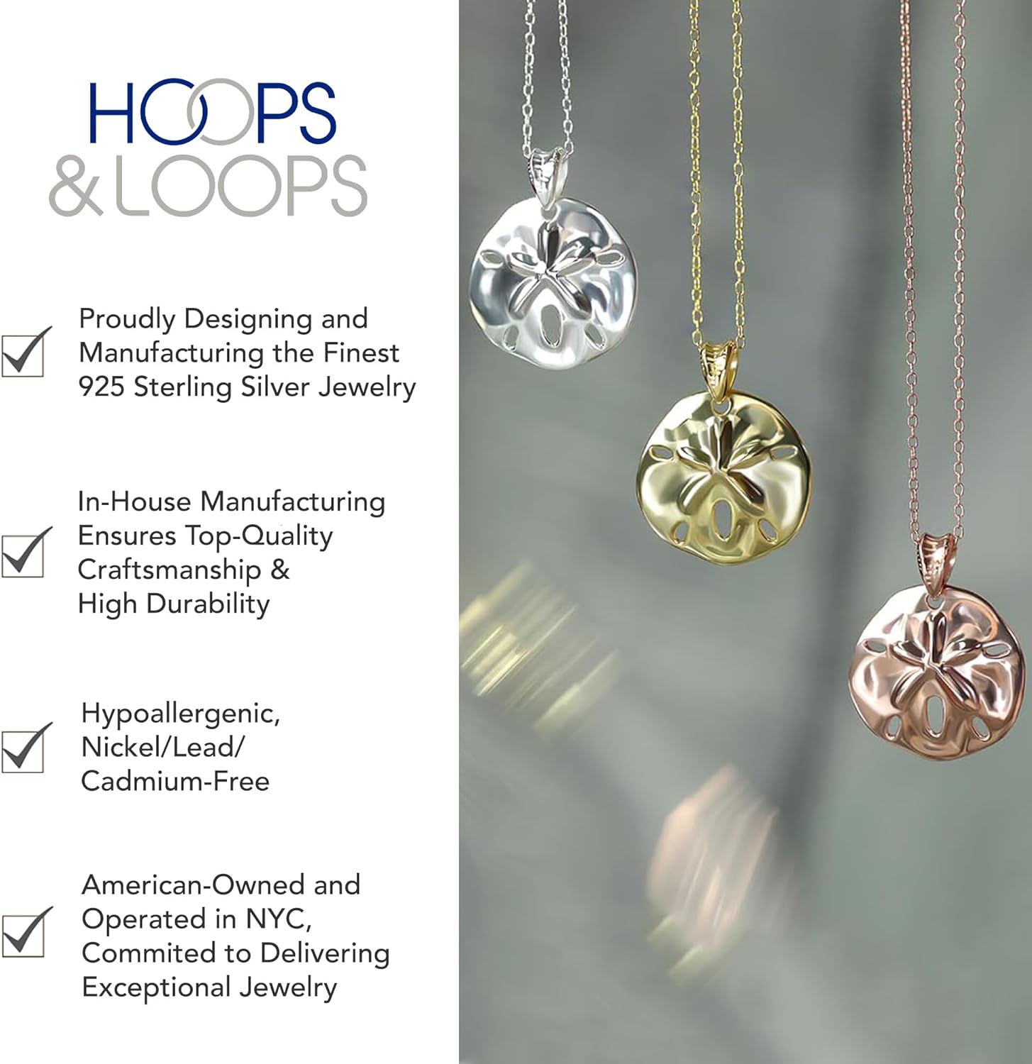 Hoops & Loops 925 Sterling Silver Beach Sand Dollar Pendant Necklace for Women, Men | Silver, Yellow Gold, Rose Gold - Image 3