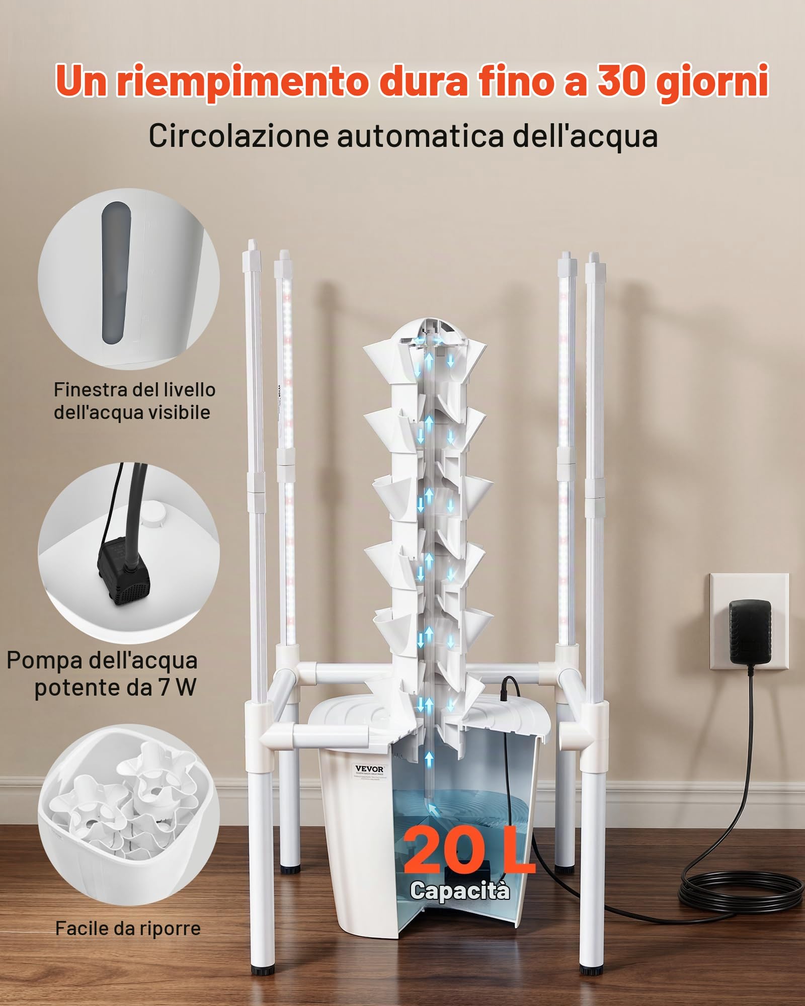 VEVOR Torre Idroponica 6 Ripiani, Sistema di Coltivazione per Piante Erbe Aromatiche Frutta Verdure Lampada LED per Coltivazione Crescita Controllo App, Torre Idroponica Serbatoio 20 Litri
