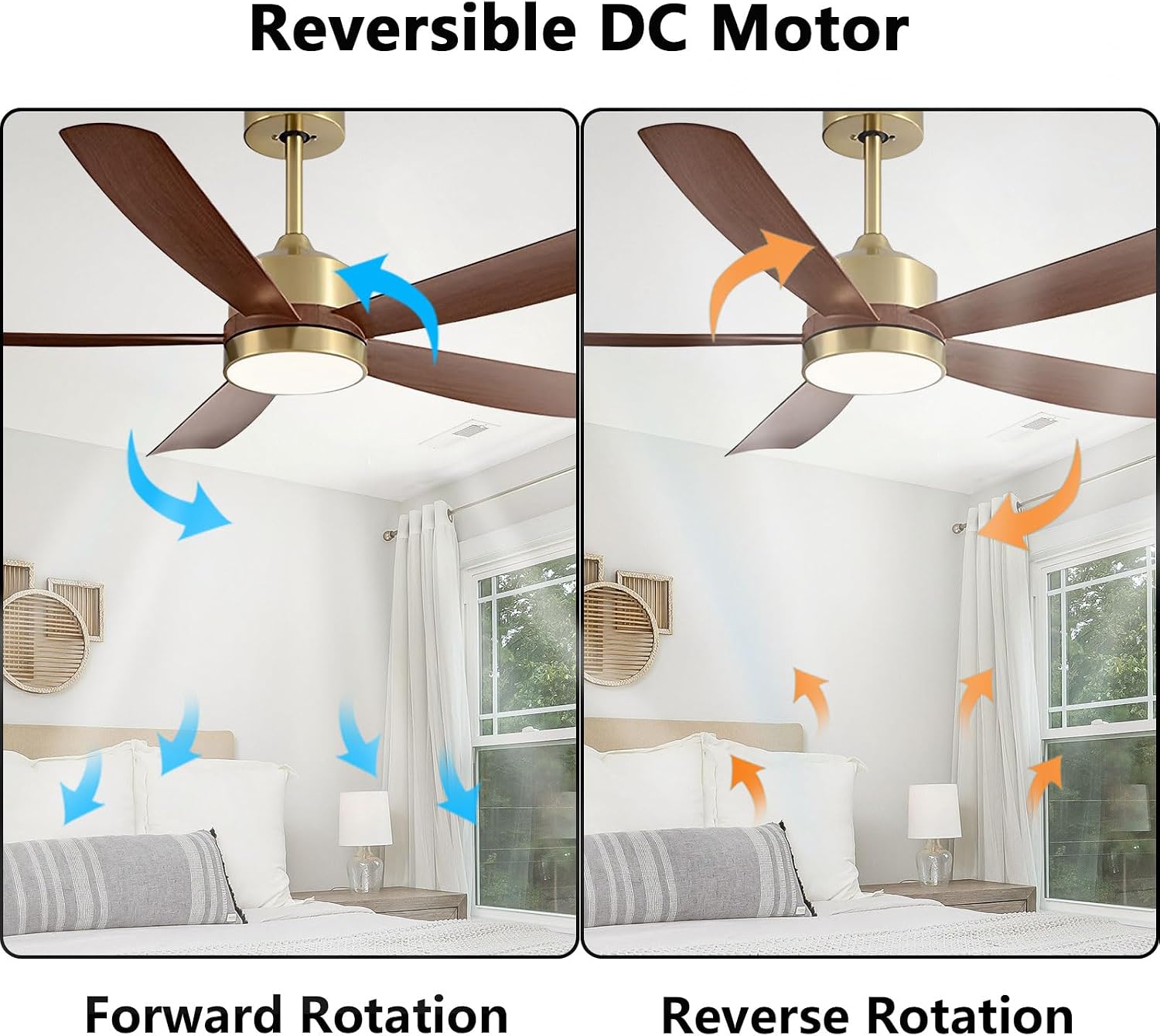 Smart 42in Ceiling Fans with Lights and Wall Switch Remote Ceiling Fan with 24W LED Light, Quiet Reversible Motor 6 Speeds Gold Ceiling Fan Brown ABS Blade for Bedroom Living Room Indoor