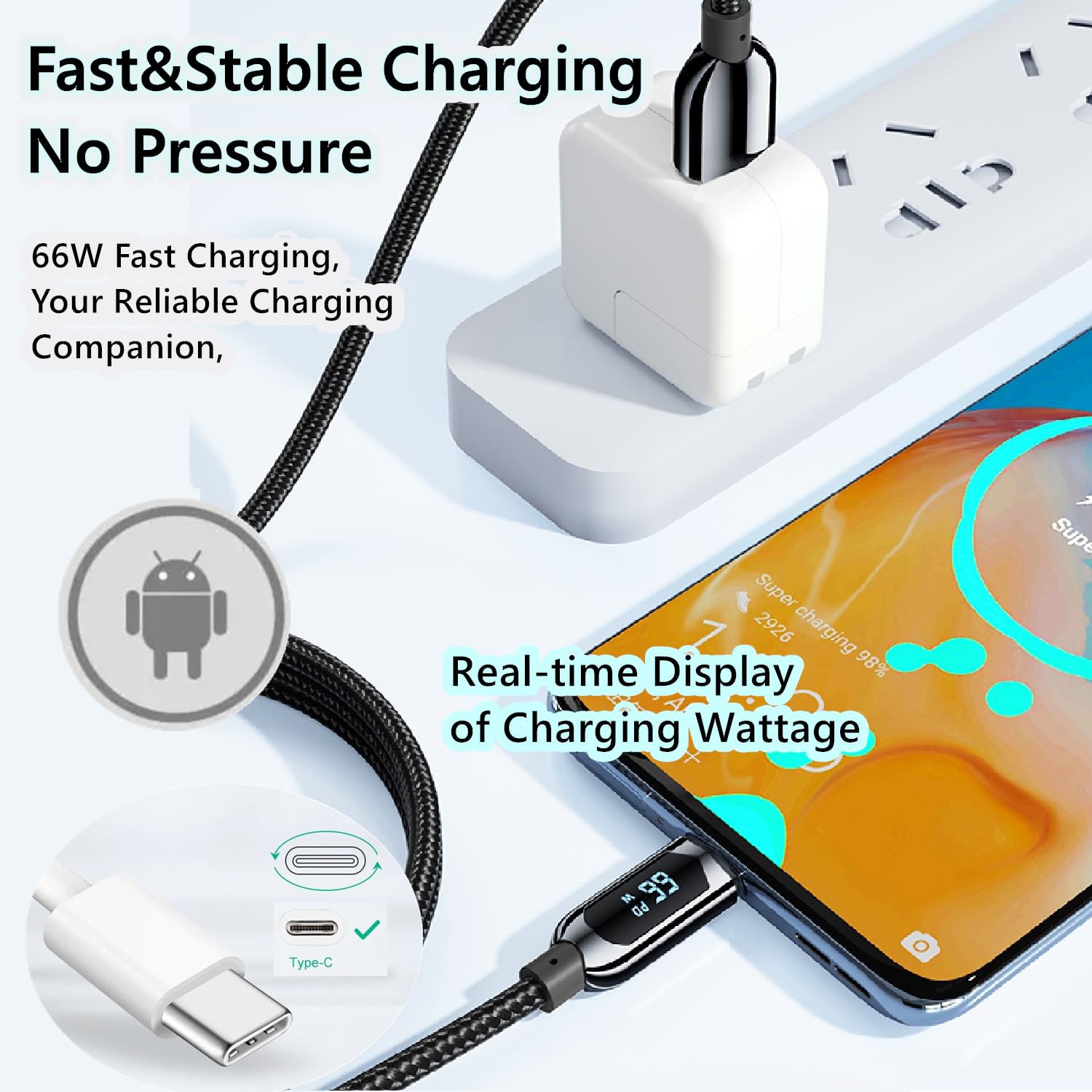USB-A-auf-USB-C-Kabel, 1,2 m, Typ-C-Kabel mit LED-Display, Leistung Watt, max. 66 W schnelles Aufladen, USB-C-Kabel, kompatibel mit iPhone 15 Pro Max Plus, iPad, Galaxy S23, S22, Pixel, LG G6, Moto