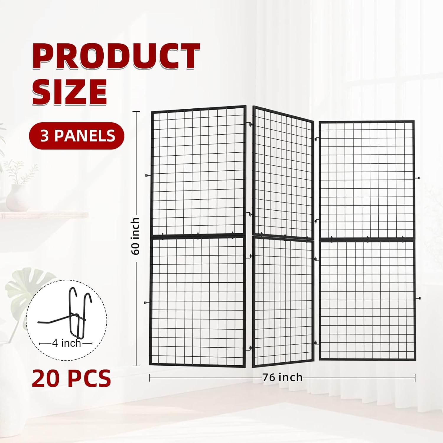ATOLS 3-Pack Foldable Grid Wall Panels with 20 Hooks - 60" H x 76" W Heavy Duty Wire Grid Display Rack, Portable Z-Unit for Commercial Retail Store, Vendor Booth & Trade Shows