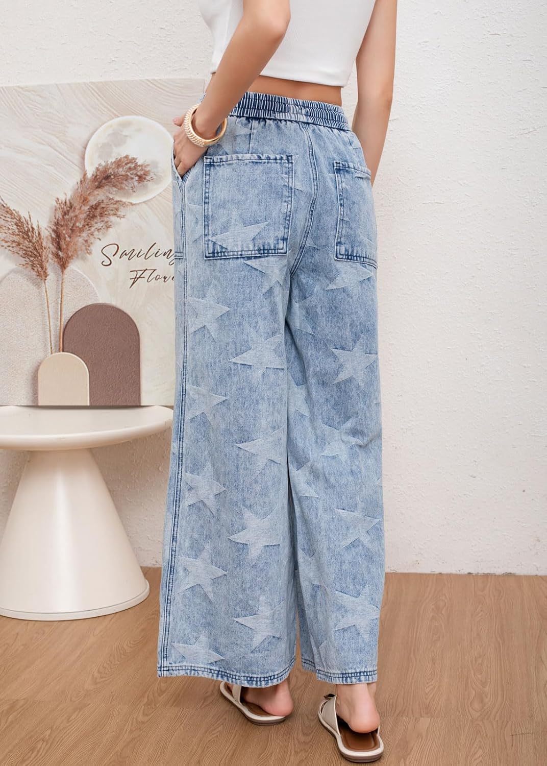 CHARTOU Women Baggy Wide Leg Drawstring Jeans Flare Elastic High Waist Star Printed Jeans Loose Denim Pants - Image 5