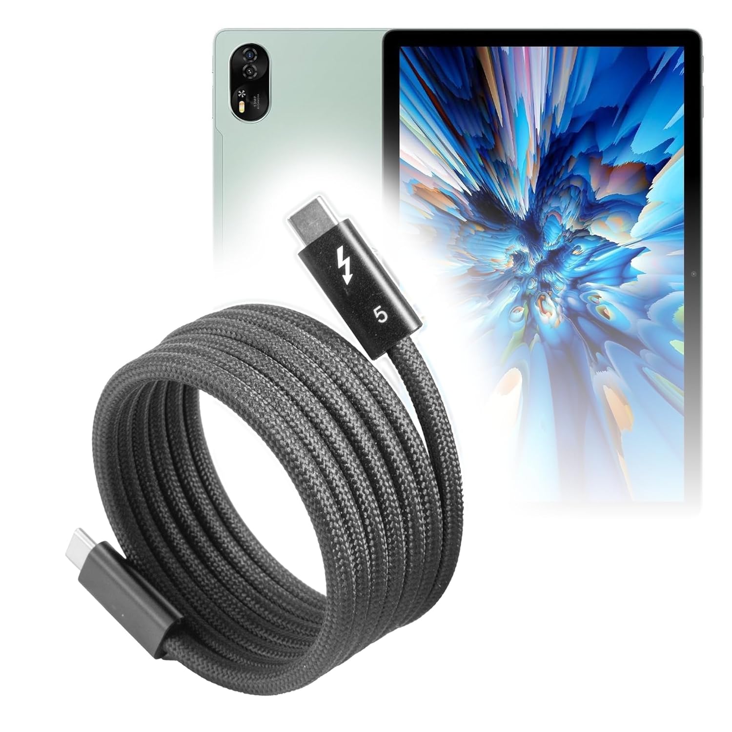 BoxWave Cable Compatible with Blackview Mega 8 - SnapWrap Thunderbolt 5.0 Cable (5ft 240W), Magnetic Self-Coiling Nylon Braided Retractable - Jet Black