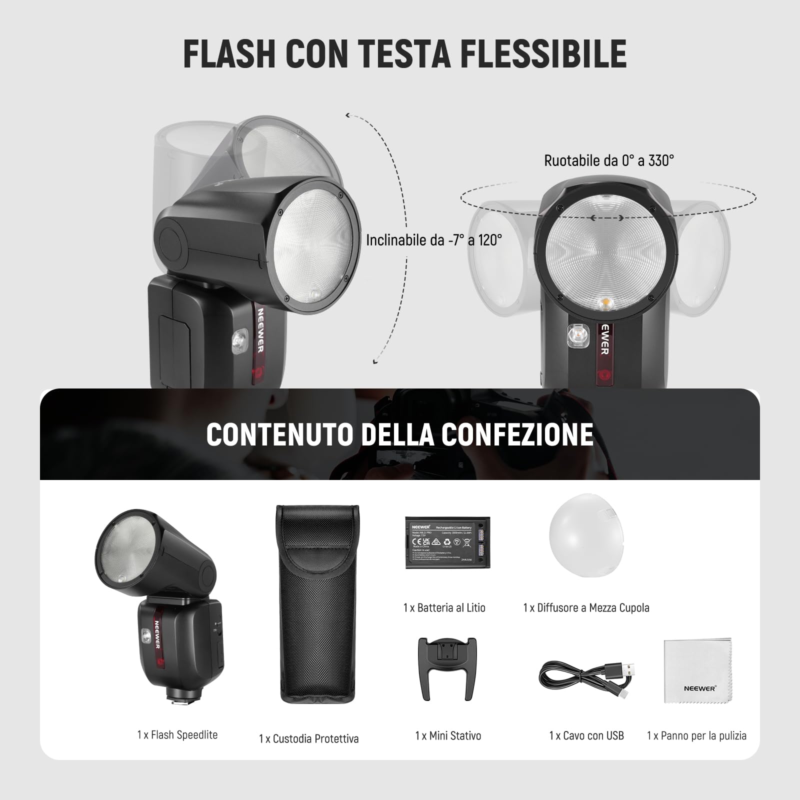 NEEWER Z2-N 2.4G Flash Speedlite TTL a Testa Rotonda Compatibile con Nikon, 600 Flash a Piena Potenza, 3000mAh 76Ws HSS 1/8000s, 2 Lampade Pilota, Diffusore di Luce, Tasto TCM TTL/M per Sistemi Q 2.4G