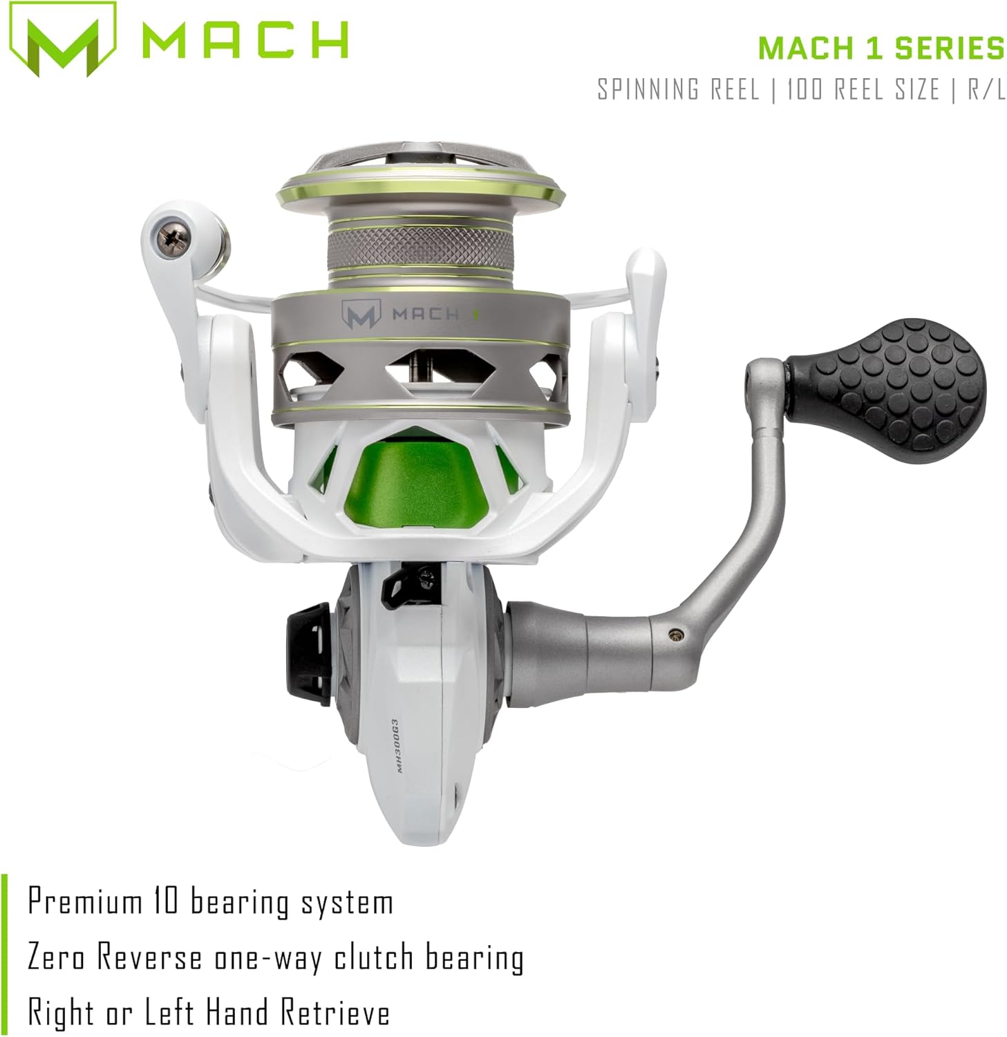Lew's MACH 1 Spinning Fishing Reel, 9+1 Bearings, Graphite Frame, Speed Gears, Speed Lube, Multi-Disc Drag, Metallic White/Gray/Green