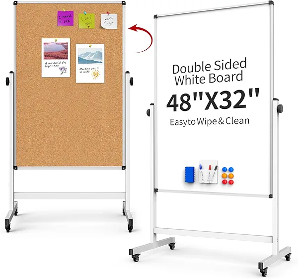 Double-Sided Corkboard Whiteboard, 32 x 48 Inches Dry Erase Board on Wheels, Height Adjustable, Portable Freestanding Board for Office, Planning, and Presentations (Cork & White)