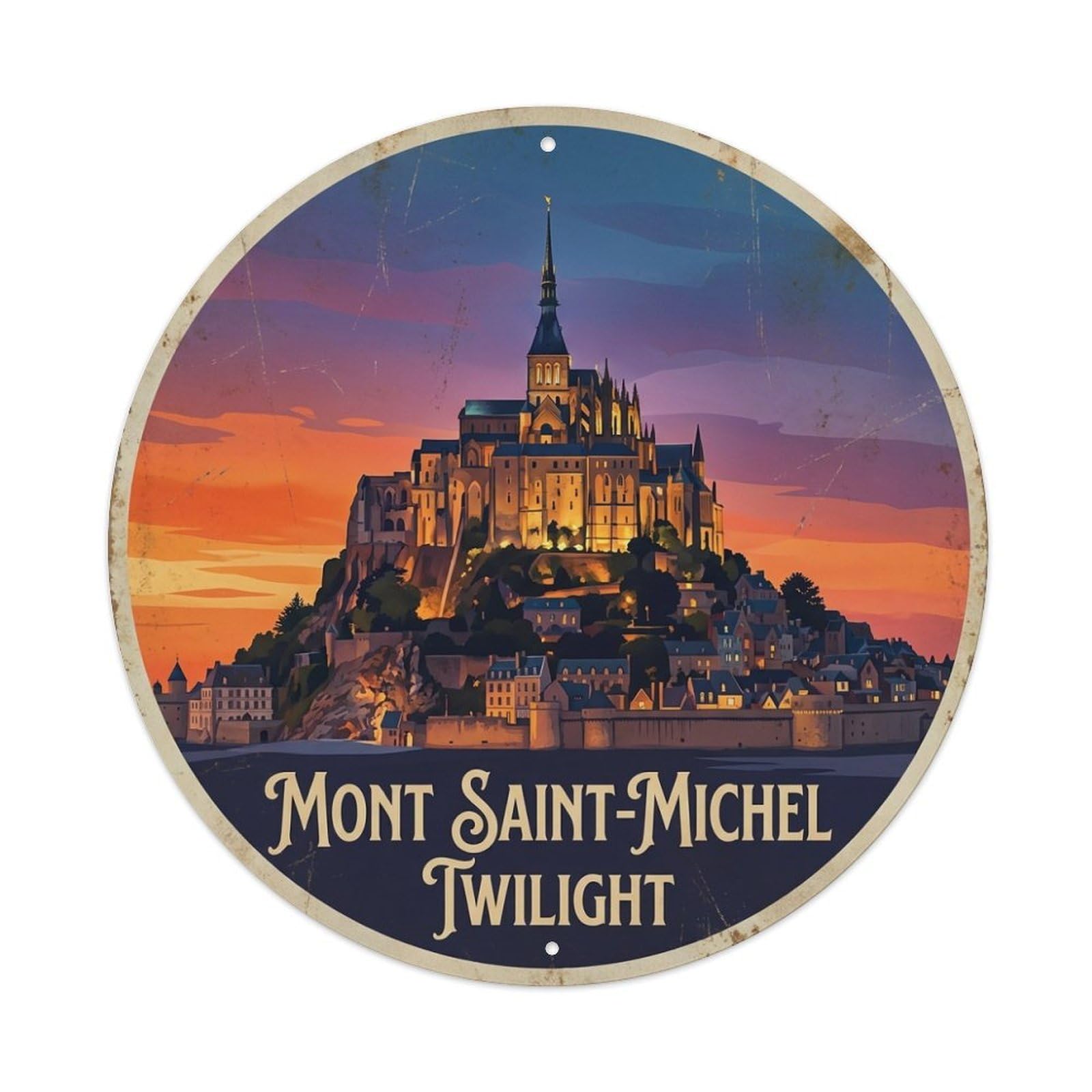 Culture Travel Twilight Mont Saint Michel Abbey Metal Tin Sign