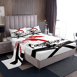 Boys Taekwondo Bed Sheet Set Full Super Soft,Kids Teens Japanese Sports Bedding Sets for Bedroom Decor,Black White Striped Waistband Decor Fitted Sheet + Flat Sheet + 2 Pillow Cases