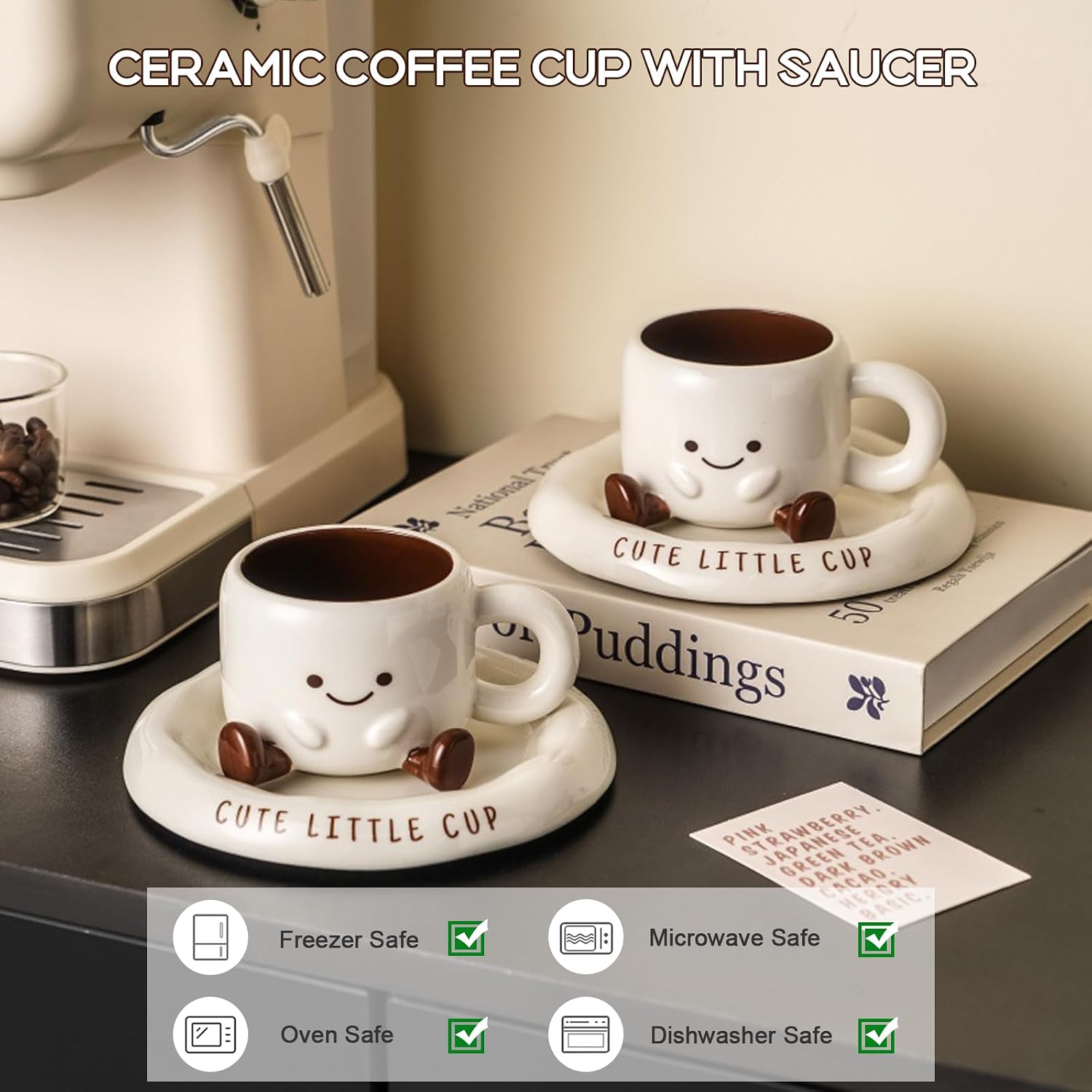 Ceramic Coffee Mug with Saucer Set, 6.8oz Cute 3D Ceramic Mug with Saucer, Face Tea Cup Espresso Cups for Coffee Tea Hot Chocolate, Microwave & Dishwasher Safe (White)