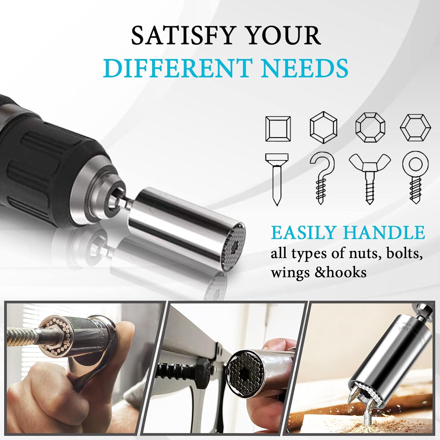 Universal Socket - with Power Drill Adapter make for great Christmas Stocking Stuffers Birthday Gifts for Dad Women Husband 7-19mm
