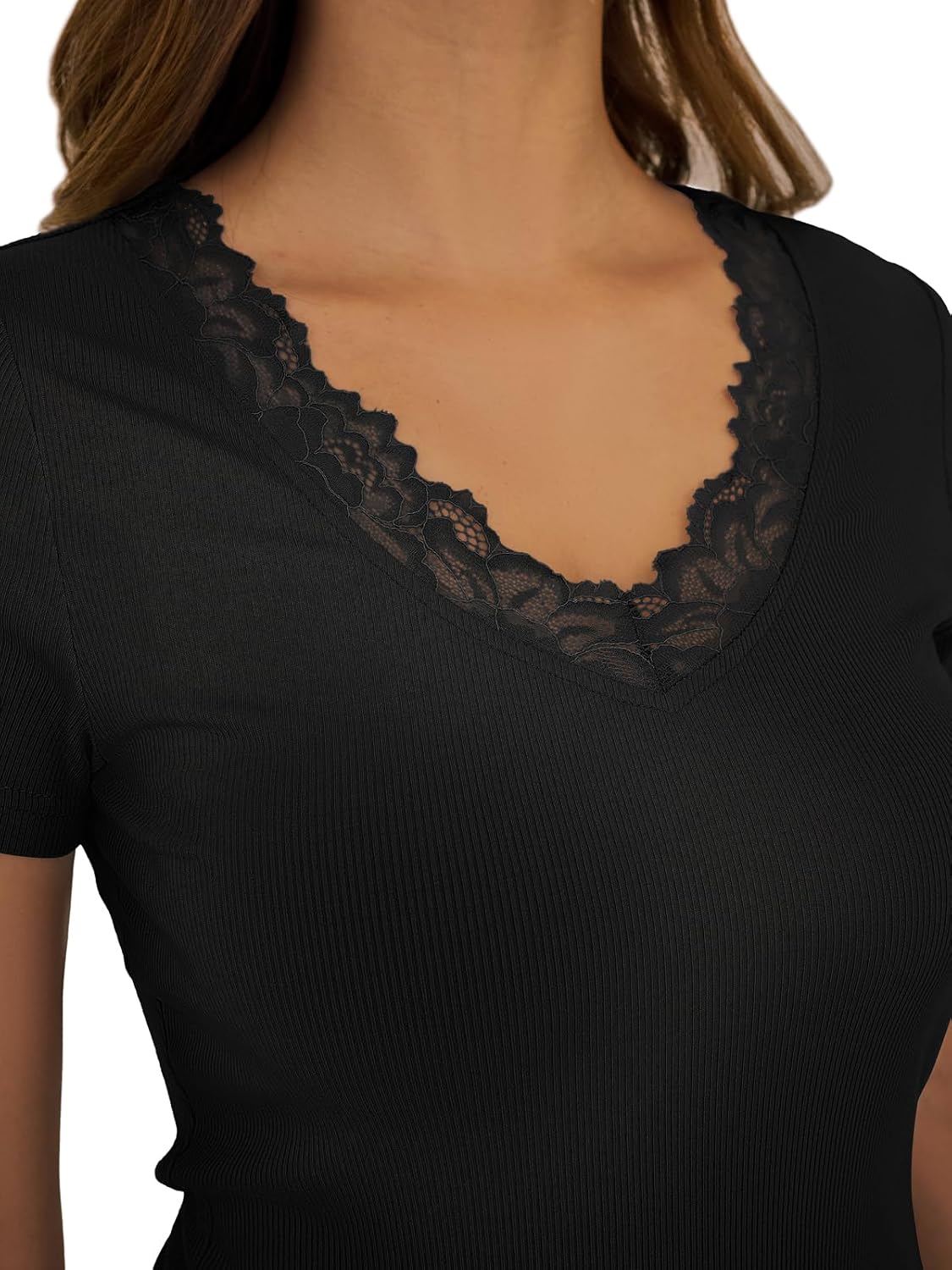 Womens Short Sleeve V Neck T Shirts Ribbed Lace Casual Tops Going Out Fitted Tight Shirts Basic Tee 2026 Outfits Trendy - Image 4