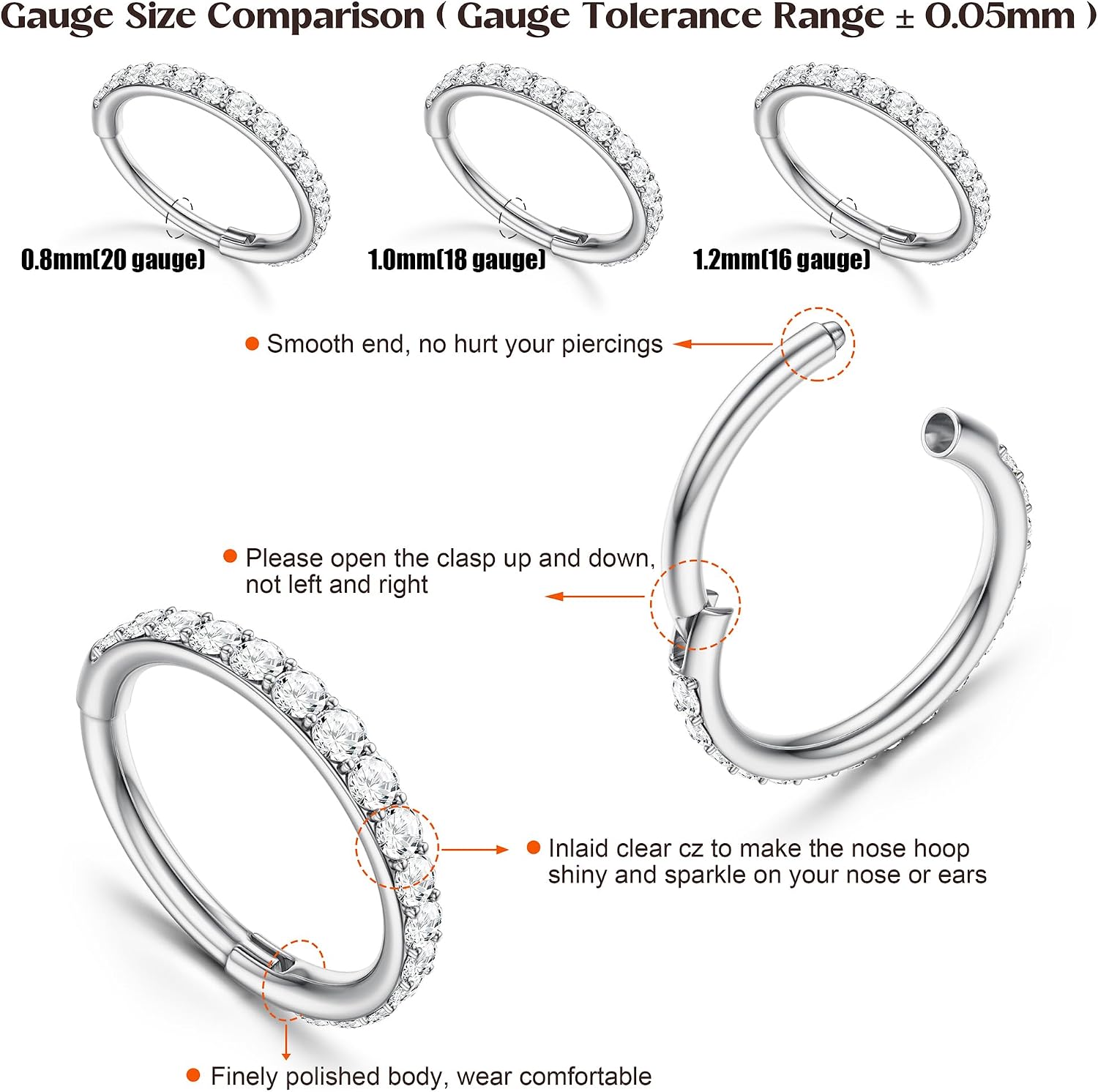 MILACOLATO G23 Titanium Nose Rings Hoops 16G 18G 20G Double Hoop Septum Click Nose Rings Lip Rook Lobe Tragus Helix Cartilage Daith Conch Earrings Clear CZ Paved Nose Piercing Jewelry for Women Men
