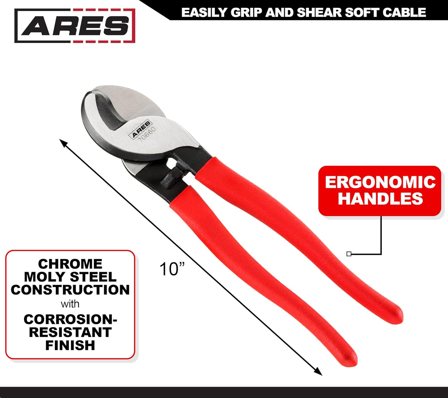 ARES 70660-10-Inch Electronics Cable Cutter Pliers - Coaxial Cable Cutter for Aluminum, Copper & Communications Cable - Heavy Duty Chrome Moly Steel Construction