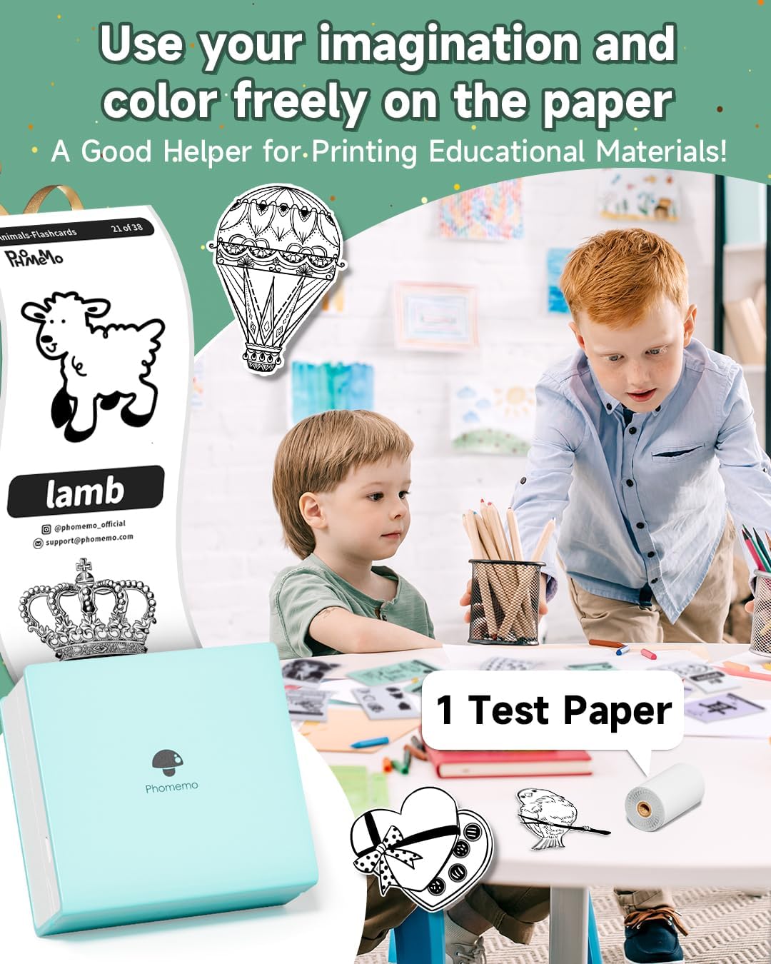 Phomemo M02 Mini Sticker with 3 Rolls Transparent Sticker Paper on Color Pink, Green, Blue