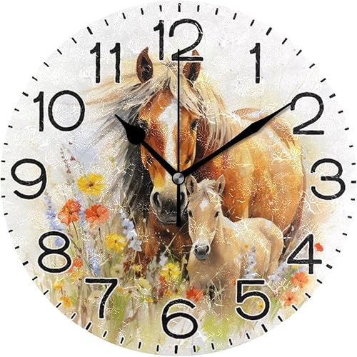 Miniatura 1 de Reloj de pared con diseño de flores de caballos, funciona con pilas, sin tictac, de cuarzo, analógico, rústico, rústico, reloj redondo, decoración
