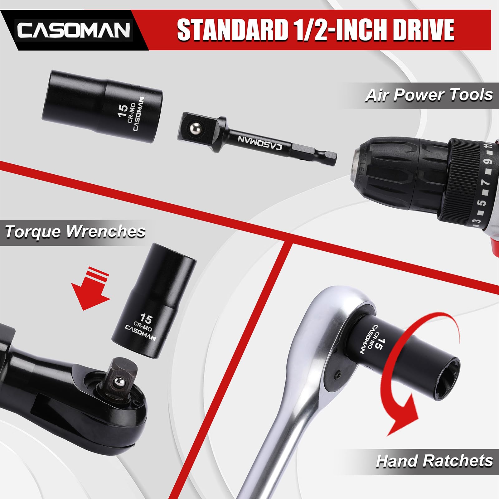 CASOMAN Set di 16 chiavi a bussola per dadi e bulloni a percussione da 1/2", include adattatore per gambo esagonale e barra a perno, per rimuovere elementi di fissaggio arrotondati danneggiati