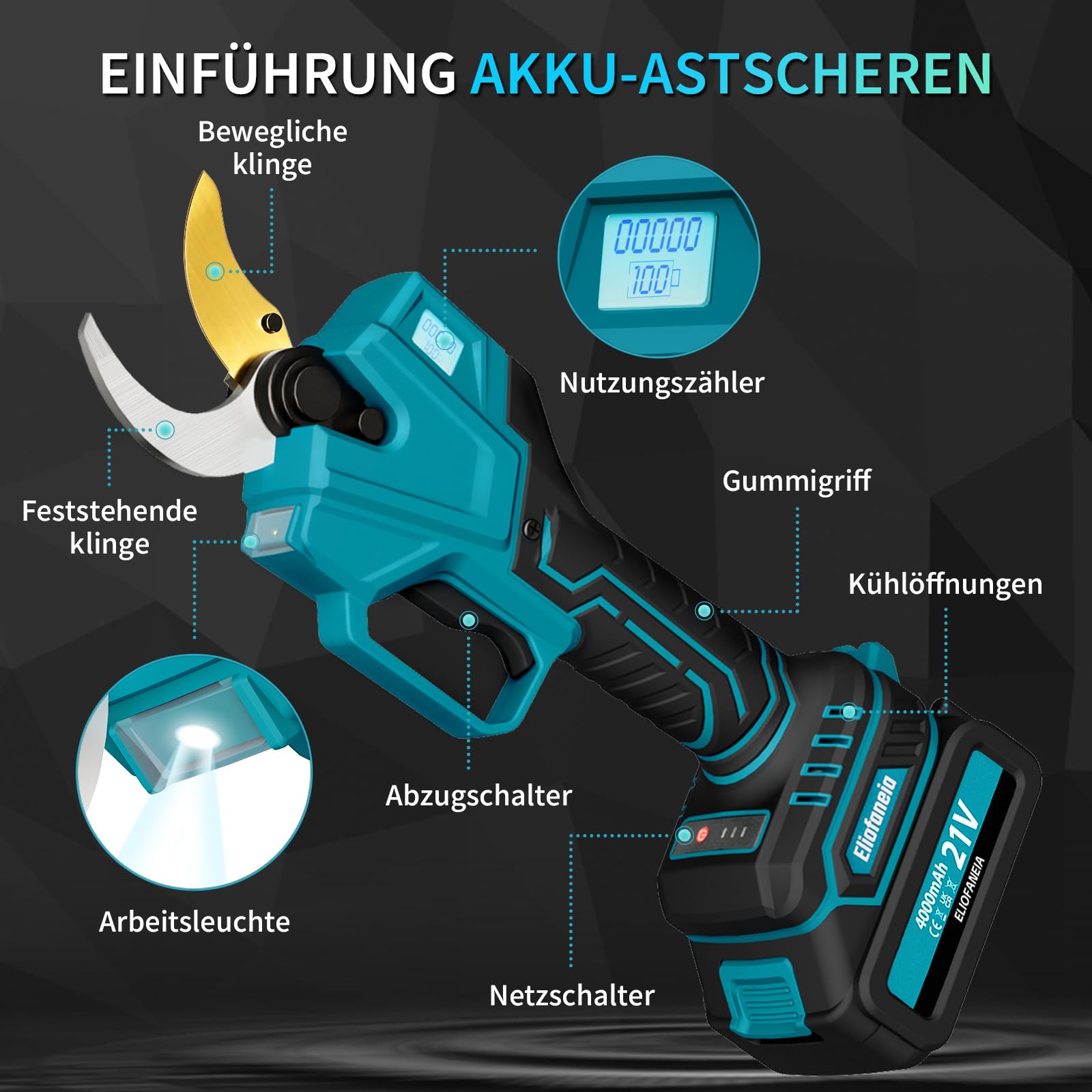 Akku-Astschere,Elektrische Gartenschere,bis 40mm Aststärke,mit 2 x 4000 mAh Akkus,1000W bürstenloser Motor,Sicherheitsschalter,LCD-Display,Ladegerät,8 Stunden Dauerbetrieb