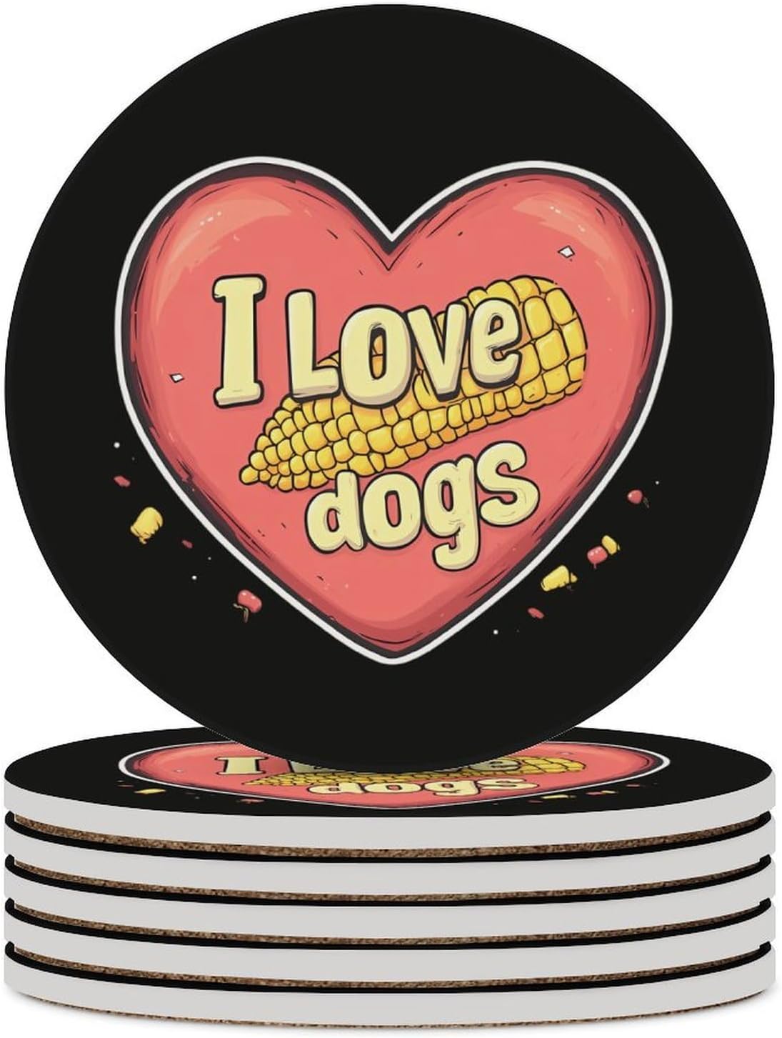 I Love Corn Dogs Round Ceramic Coasters Print Drinks Absorbent with Cork Base for Home Decor Gifts 4 Inch