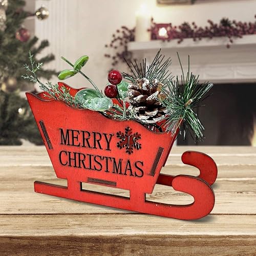 Miniatura 8 de BANBERRY DESIGNS Trineo de Papá Noel rojo  Juego de 2 trineos de madera con ramas de pino, piña y bayas rojas  Feliz Navidad  Decoración de centro