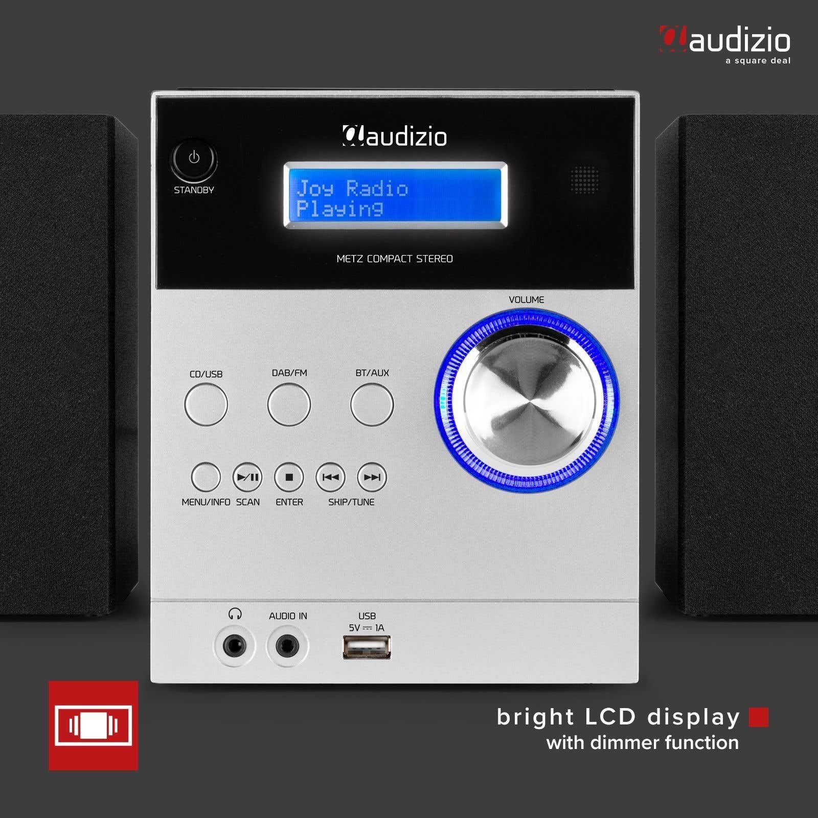 Audizio Metz - Radio Système HiFi Dab+ et Lecteur CD avec Bluetooth - Aluminium, Écran LCD, Lecteur MP3, Radio FM, Télécommande Incluse, Idéale pour Écouter Vos Stations et Musiques Préférées