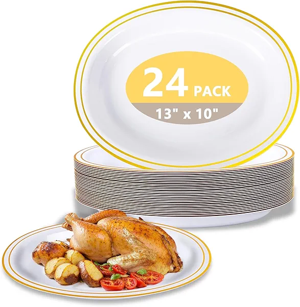 YOUBET 24PCS Oval Plastic Plates - 13 inch Super Strong White and Gold Disposable Platters, Heavy Duty Serving Trays for BBQ, Picnic, Party, Wedding, Thanksgiving