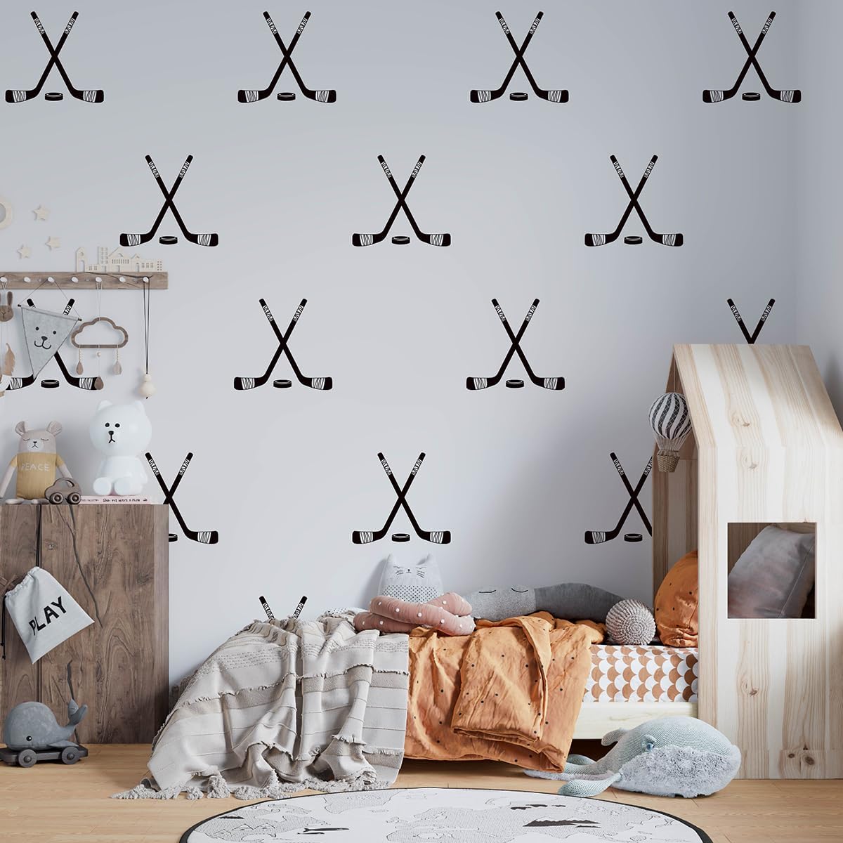 16pcs/Set Large Hockey Cross Sticks Pattern Vinyl Wall Decal for Kids Room Boy Bedroom Sticker Baby Nursery Wall Art Mural RE016 (Black)