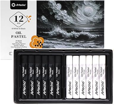 Artecho Oil Pastels Set of 12 PCS, 6 White and 6 Black, Crayons for Art Painting, Drawing, Blending 10 x 70 mm