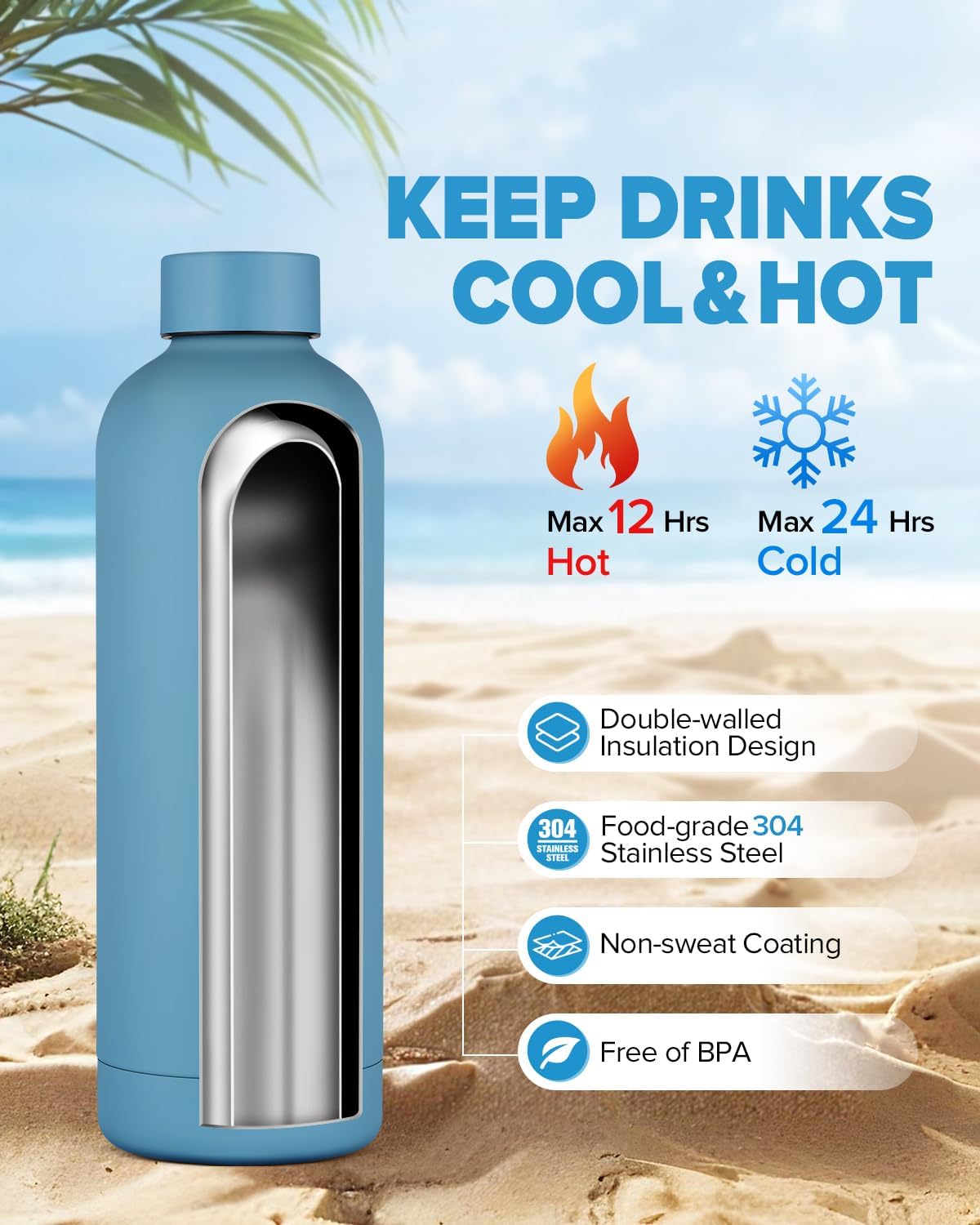 Insulated Water Bottle with Lid, 25 oz Reusable Leak-Proof Metal Stainless Steel Water Bottles for Travel, Sports, Gym, Outdoor (Sky Blue) - Image 2