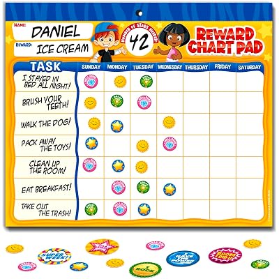 Behavior Reward Chart System - Pad with 26 Chore Charts for Kids, 2800 Stickers to Motivate Responsibility & Good Habits