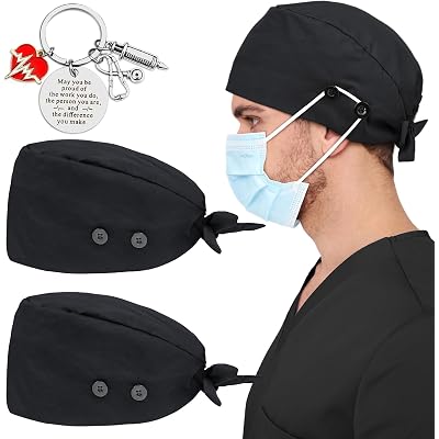 2 Pcs Satin Lined Scrub Cap Nurse Hats for Women Men 4 Buttons