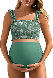 Biquíni de cintura alta para gestantes, duas peças, bainha com babados, roupa de banho floral