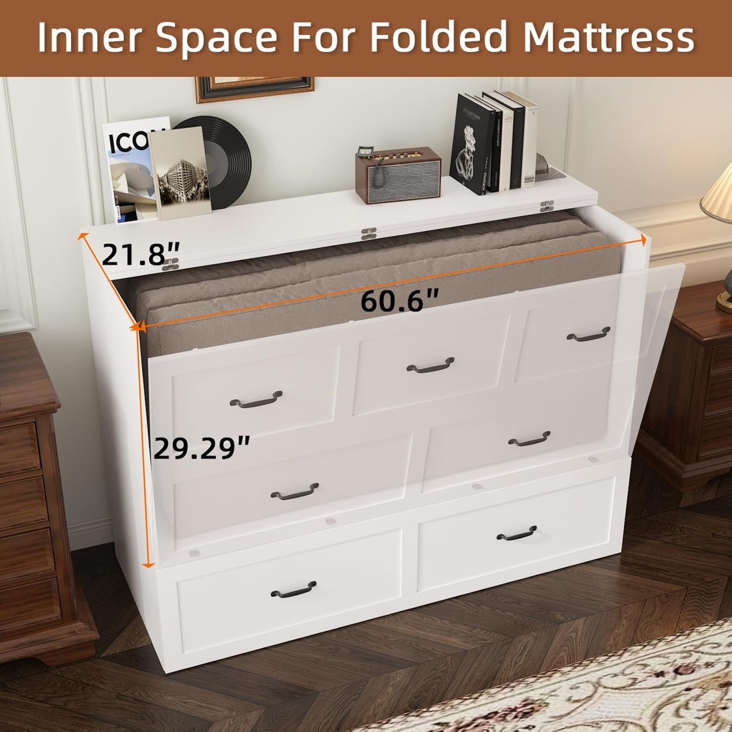 FAMAPY Queen Size Murphy Bed Queen Murphy Bed Chest with Charging Station & Large Storage Drawer, Hideaway Queen Foldable Platform Bed for Home, White, 81”L x 61.9”W x 44.3”H