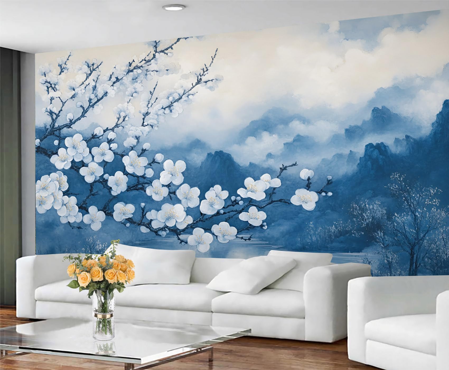 GIVLWF Japanese Wall Paper Blue Mountain Wall Murals for Bedrooms White Floral Wallpaper for Living Room Non Self Adhesive Wallpaper & Large Mural