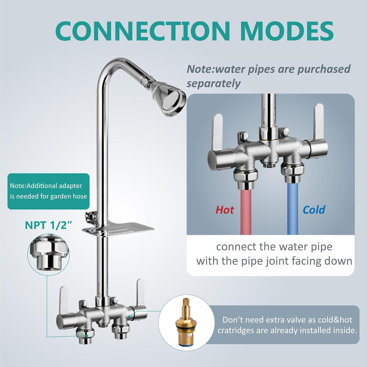 Aolemi Outdoor Shower Fixtures,Outdoor Shower Kit Faucet System 3 Inch Center with Showerhead 2 Handle Exposed Shower with Brass Mix Valve Pipe Downward with Soap Dish Polish Chrome