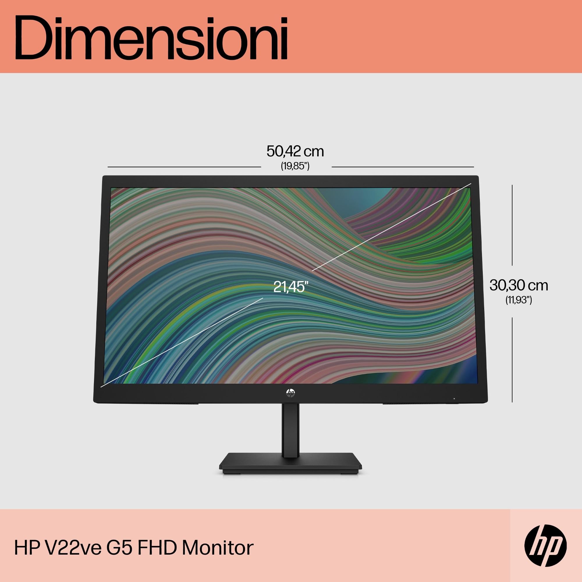 HP V22ve G5 Monitor da 22", FHD, 16:9, Antiriflesso, Pannello VA da 75Hz, Tempo di Risposta 5 ms, Reclinabile, VESA 10x10 cm, AMD FreeSync, 200 Nits, Modalità Low Blue Light, VGA, HDMI 1.4, Nero