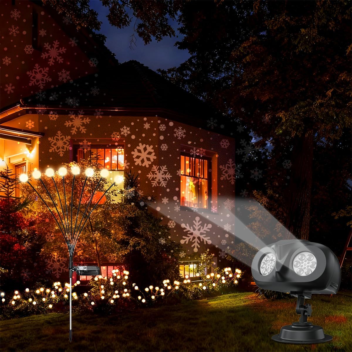 Dual-Head Christmas Outdoor Snowflake Projector Light, 4-Packs Solar Garden Firefly Swaying Lights Outdoor (32 LEDs)