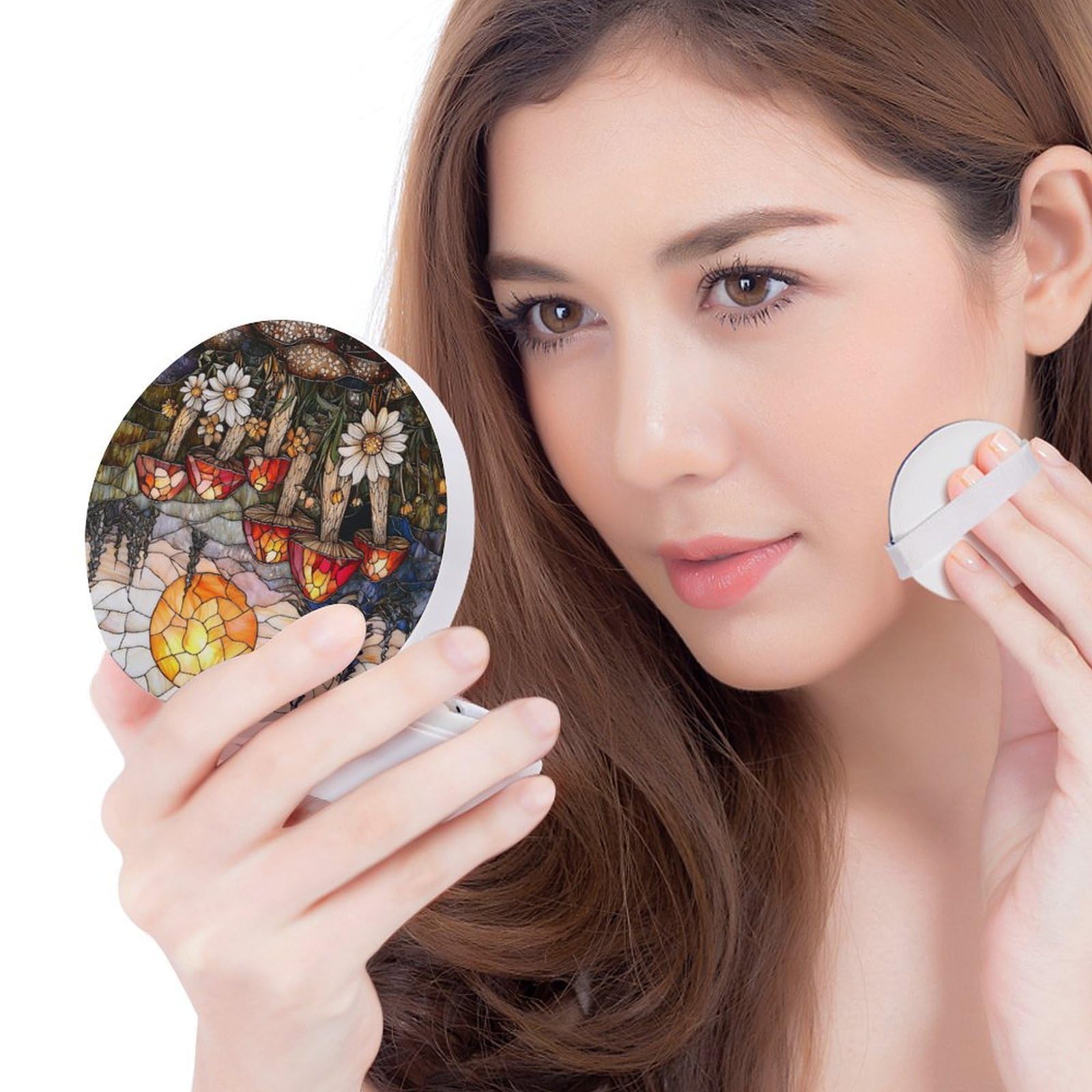 Hayyett Sunset Mushrooms And Flowers Stained Glass Air Cushion Puff Box Portable Cosmetic Makeup Case Container,Loose Powder Foundation Container