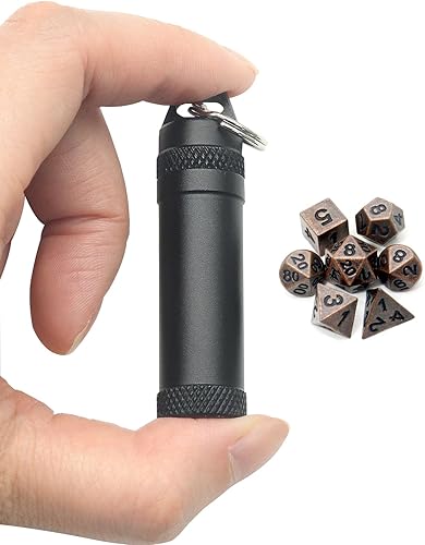 Miniatura 33 de PJOY Juego de dados pequeños DND con estuche de collar D20 hueco de bronce, llavero portátil de 7 piezas, llavero de bronce antiguo, juego de dados