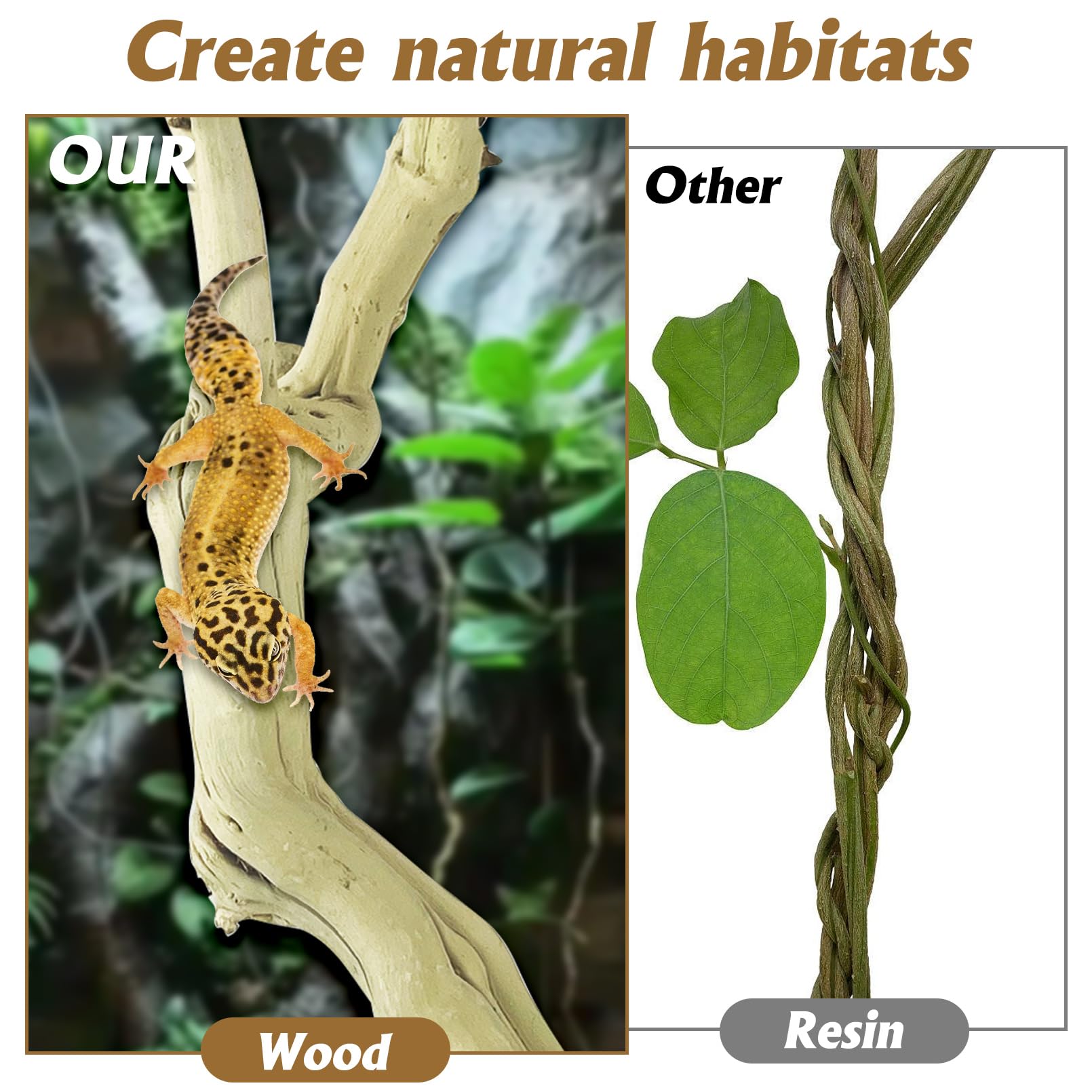 VCEPJH Rama de escalada de serpiente, 3 piezas, madera de reptil, corcho natural, decoración de terrario, accesorios de tanque de dragón barbudo, tronco de árbol para camaleón, gecko, pitón, rana y