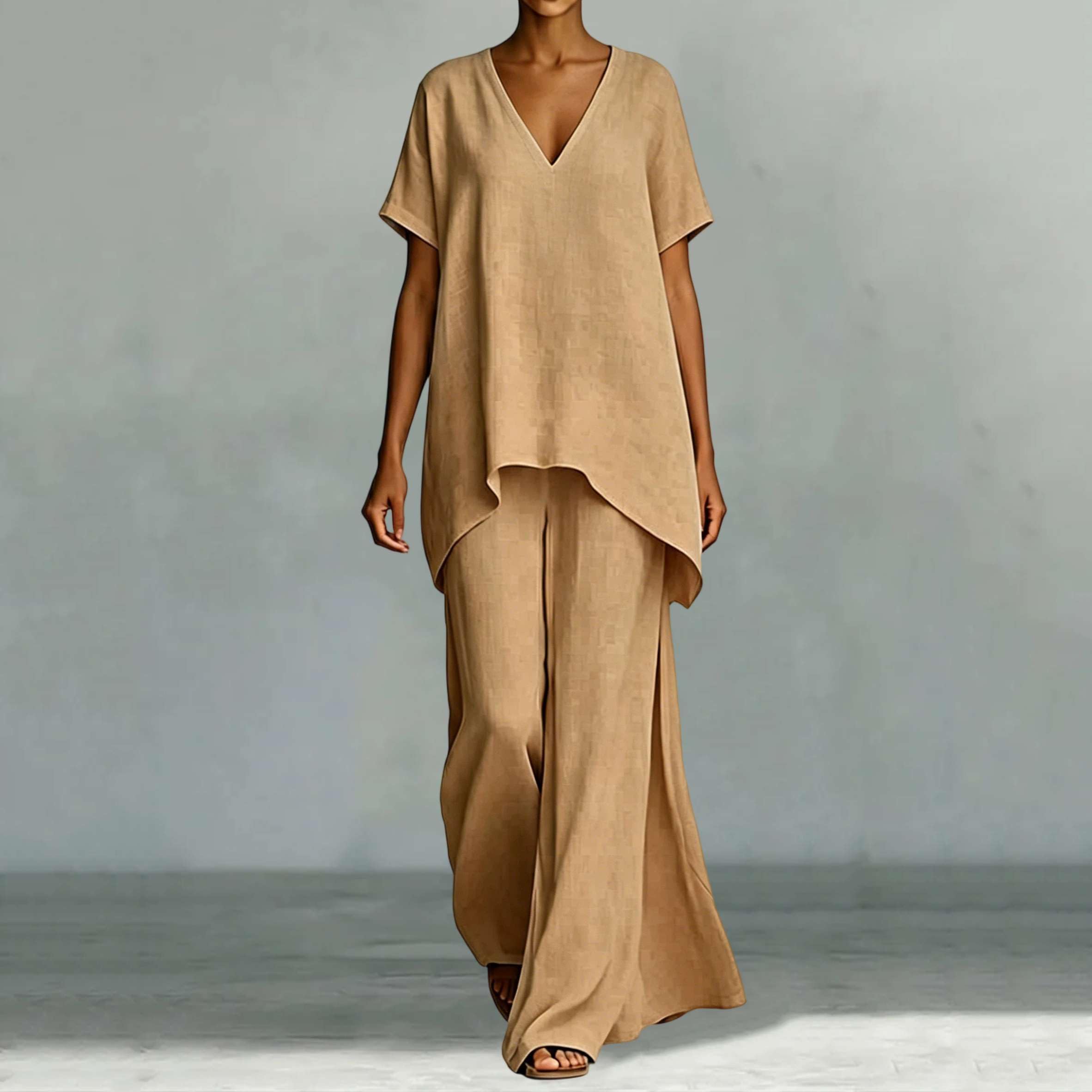 Générique Ensemble 2 Pièces Femme Été Style Bohème Lin Chic, Tunique Asymétrique Col V et Pantalon Large Fluide, Modèle Imprimé Moderne, Tenue Ample et Légère pour Vacances ou Quotidien